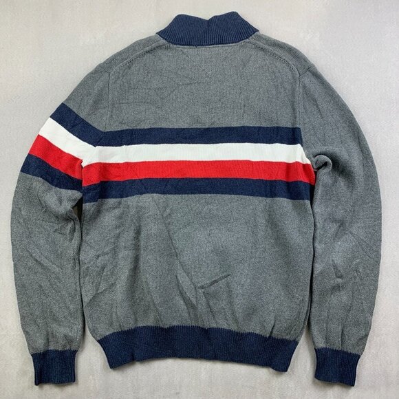 Tommy Hilfiger Men Sweater Large Gray Striped 1/4 Zip Long Sleeve Red White Blue - Picture 7 of 8